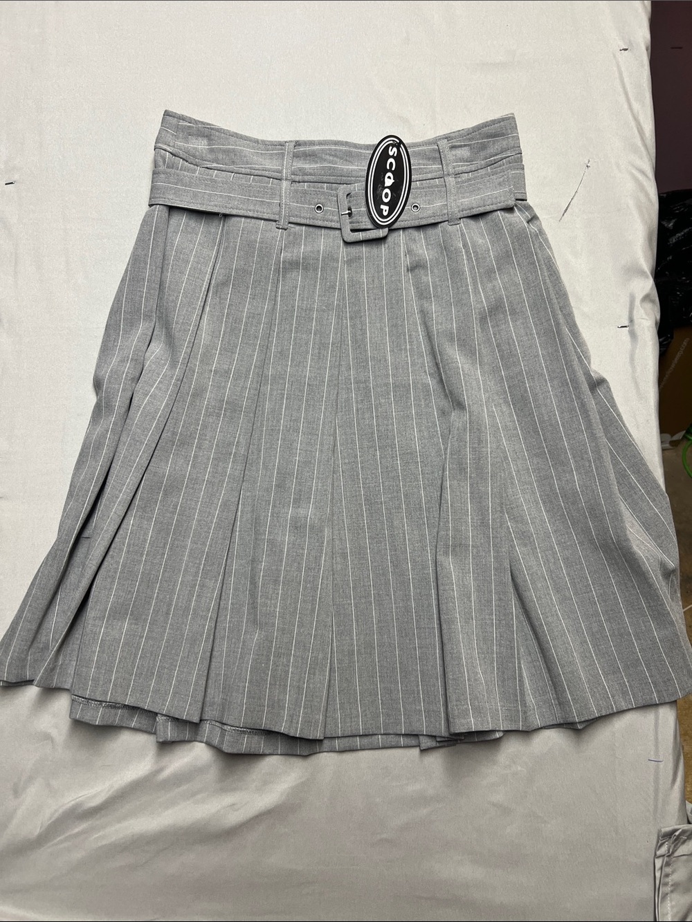 Scoop Gray Pinstripe Pleated Skater Skirt with Belt